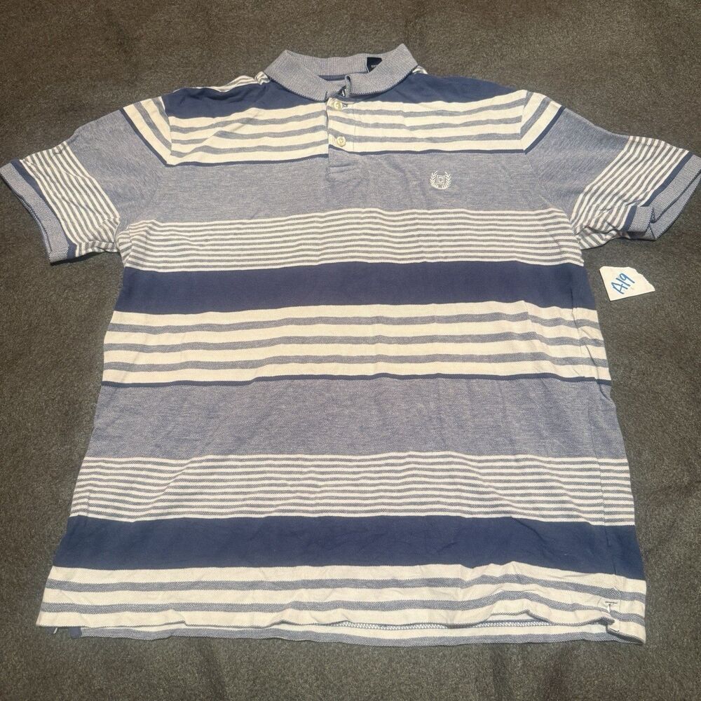 Chaps Mens Polo Shirt L Large Blue White Striped Collared Short Sleeve